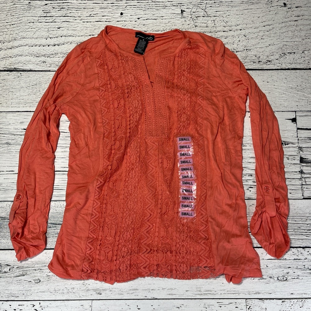 RXB Roll-Sleeve Popover Tunic Top Porcelain‎ Rose Embroidered Womens S